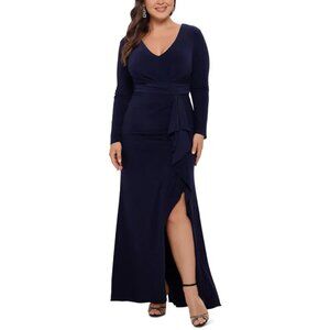 Betsy & Adam Womens‎ 14W Elle Dark Navy Blue Cascading Ruffle Gown Dress
